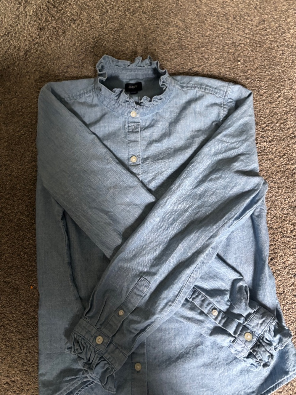 J.Crew Denim Shirt with ruffle neck and sleeves Size L Retail $110